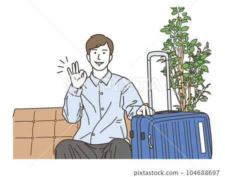 一個年輕人提著行李箱表示“OK” 一個年輕人提著行李箱表示“OK” 104688697