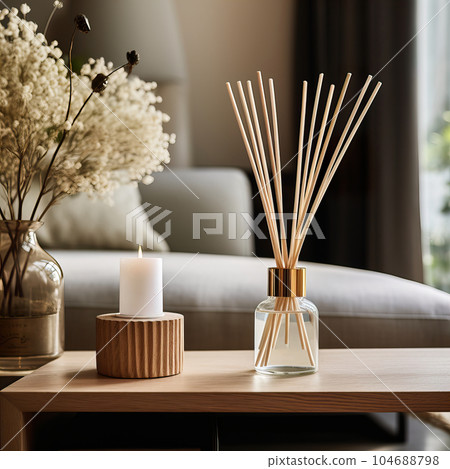 Reed diffuser bottle mockup, aroma diffuser in luxurious beige and brown home interior decor, front view 104688798