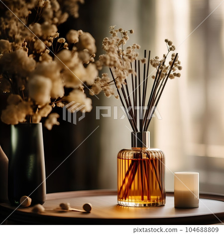 Reed diffuser bottle mockup, aroma diffuser in luxurious beige and brown home interior decor, front view 104688809