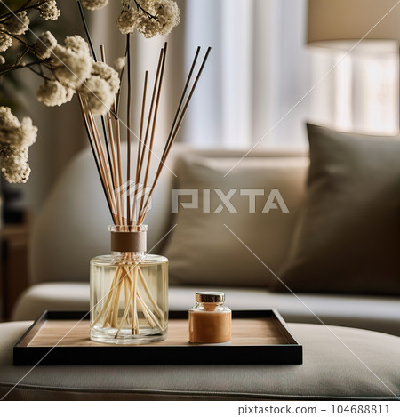 Reed diffuser bottle mockup, aroma diffuser in luxurious beige and brown home interior decor, front view 104688811