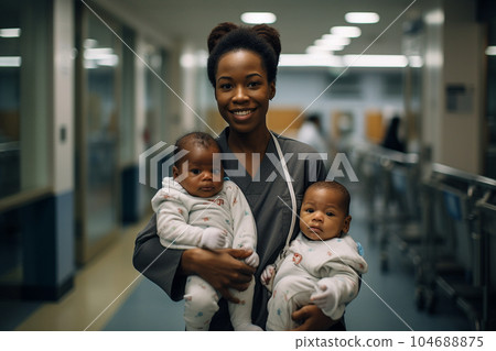 Smiley young woman with a twins in a hospital. 104688875