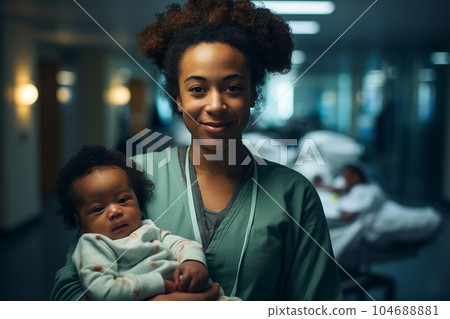 Young black woman with a baby in a hospital. 104688881