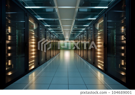 服務器機房圖像（黑色機架、黃色燈光）AI 生成 104689001