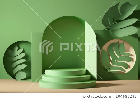 Empty stage with green leaves. Generative AI Empty stage with green leaves. Generative AI 104689285