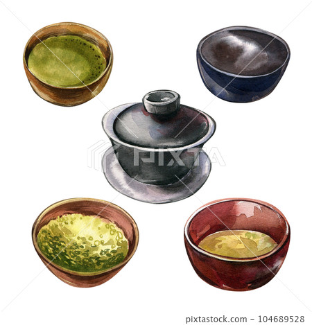 Set tea drink in bowl cup isolated on white background. Watercolor hand drawn sketch illustration. Art for herb design 104689528