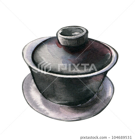 Asian bowl cup for tea ceremony isolated on white background. Watercolor hand drawn gaiwan illustration. Art for design 104689531