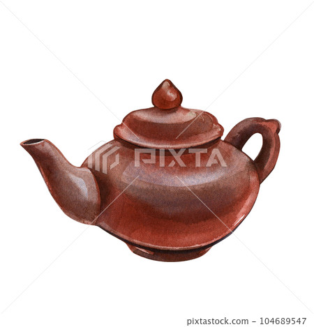 Asian teapot ceramic for ceremony isolated on white background. Watercolor hand draw sketch illustration. Art for design 104689547
