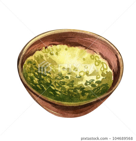 Dry green tea matcha in bowl isolated on white background. Watercolor hand draw sketch illustration. Art for herb design 104689568