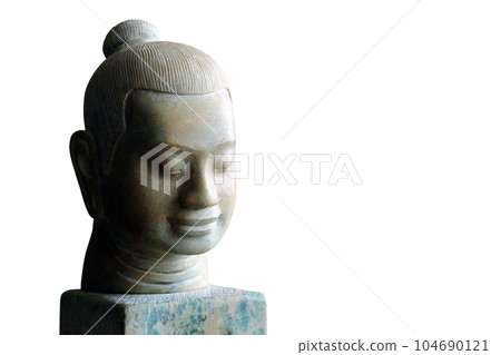 Stone faces of Jayavarman VII, isolated on white background.  104690121