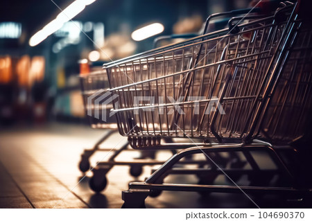 Row of shopping carts sitting on top of tiled floor in store. Generative AI 104690370