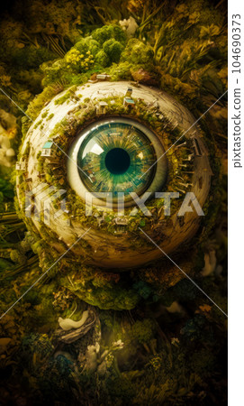 Close up of eyeball in the middle of plant covered ground. Generative AI 104690373