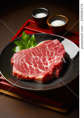 Piece of steak on plate with green leaf on the side. Generative AI 104690374