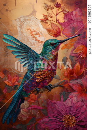 Image of hummingbird perched on branch with flowers in the background. Generative AI Image of hummingbird perched on branch with flowers in the background. Generative AI 104690395