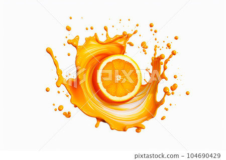 Orange juice splashing into glass with slice of orange in it. Generative AI 104690429