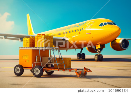 Large yellow airplane with luggage on the back of it's wheels. Generative AI Large yellow airplane with luggage on the back of it's wheels. Generative AI 104690584