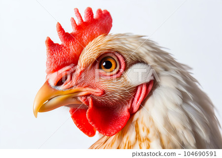 Close up of rooster's head with white and red background. Generative AI 104690591