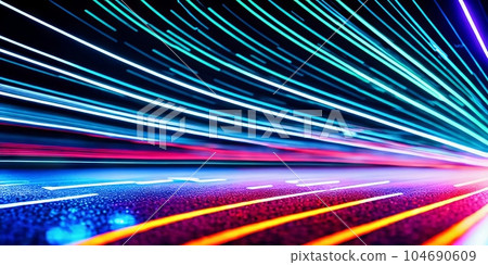 Modern abstract high-speed movement. Dynamic motion light and fast arrows moving on dark background. Futuristic, technology pattern for banner or poster design. Generative AI 104690609