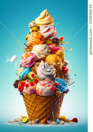 Ice cream cone filled with lots of different flavored ice creams. Generative AI Ice cream cone filled with lots of different flavored ice creams. Generative AI 104690610