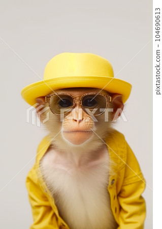 Monkey wearing yellow hat and glasses with yellow jacket and yellow jacket. Generative AI Monkey wearing yellow hat and glasses with yellow jacket and yellow jacket. Generative AI 104690613