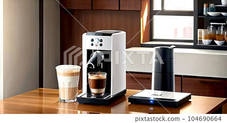 coffee machine with cup of fresh latte coffee near it on wooden kitchen counter with interesting perspective, with cup and cappuccino automat in focus and blurred background. Generative AI 104690664