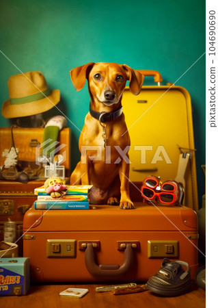Dog sitting on top of suitcase next to pile of luggage. Generative AI Dog sitting on top of suitcase next to pile of luggage. Generative AI 104690690