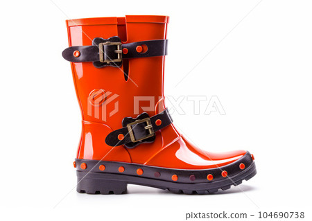Close up of pair of orange rain boots on white background. Generative AI 104690738