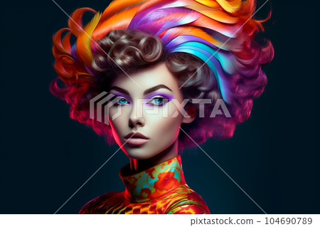 Image of woman with colorful hair and bright colors on her head. Generative AI 104690789