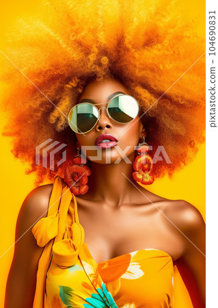 Woman with bright orange hair wearing sunglasses and yellow dress with flowers on it. Generative AI 104690831