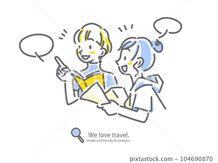兩位女性一邊在目的地查看地圖和旅遊指南一邊享受觀光的樂趣女孩的旅行簡單時尚的線條畫插圖 104690870