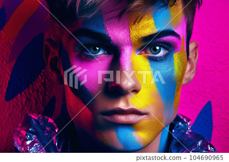 Man with his face painted with multicolored paint pattern on his face. Generative AI 104690965