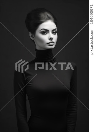 Black and white photo of woman wearing black turtle neck top. Generative AI Black and white photo of woman wearing black turtle neck top. Generative AI 104690971