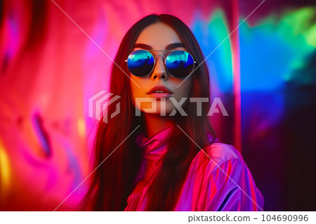 Woman wearing sunglasses standing in front of neon colored wall with pink and blue background. Generative AI 104690996