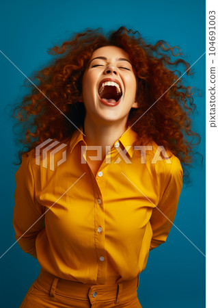 Woman with red hair and yellow shirt has her mouth wide open. Generative AI Woman with red hair and yellow shirt has her mouth wide open. Generative AI 104691003