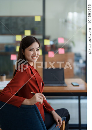 Business, finance and employment, female successful entrepreneurs concept. Confident smiling asian businesswoman, using laptop at work 104691436