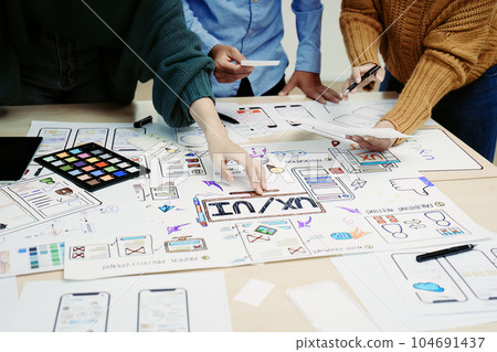 Team of Creative Web, Graphic Designer planning, drawing website ux ui app for mobile phone application and development template layout, process to developing prototype wireframe 104691437