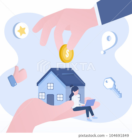 Saving money to buy a house through a loan. Financial planning, guarantee, budgeting, goal, wealth, stability and homeownership. Big hand holding coin in home bank. Vector illustration. 104691849