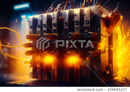 Bunch of wires that are connected to box. Generative AI Bunch of wires that are connected to box. Generative AI 104693237