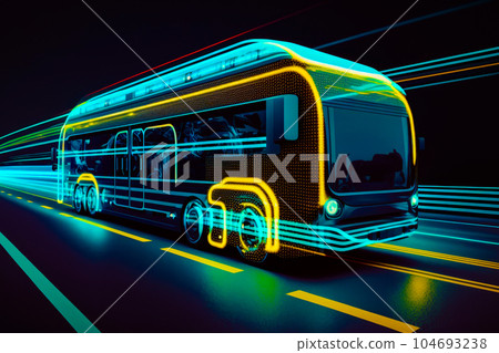 Double decker bus driving down street at night. Generative AI 104693238