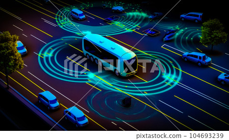 White bus driving down street next to parking lot. Generative AI 104693239