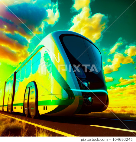 Bus driving down road under cloudy sky. Generative AI Bus driving down road under cloudy sky. Generative AI 104693245