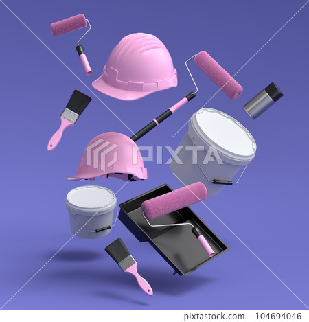 Set of metal cans or buckets with paint roller, brush and folding ladder 104694046