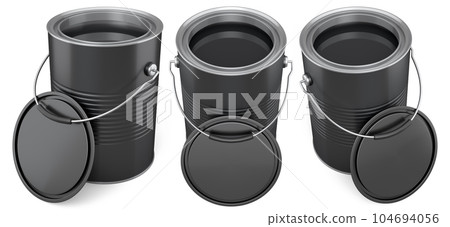 Set of metal cans or buckets of paint with handle on white background. 104694056