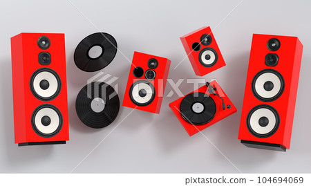 Set of Hi-fi speakers and DJ turntable for sound recording studio on white 104694069