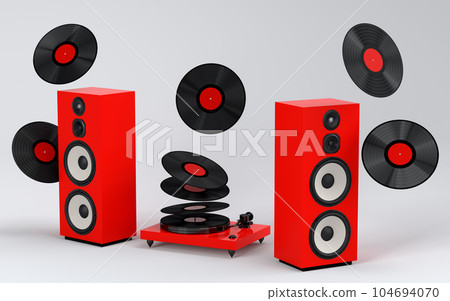 Set of Hi-fi speakers and DJ turntable for sound recording studio on white 104694070