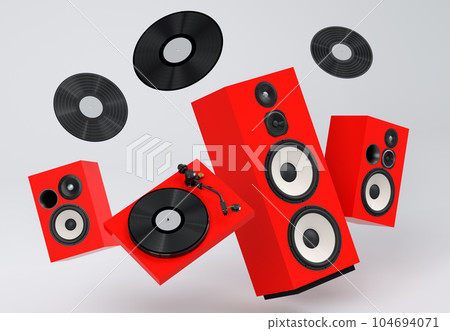 Set of Hi-fi speakers and DJ turntable for sound recording studio on white 104694071