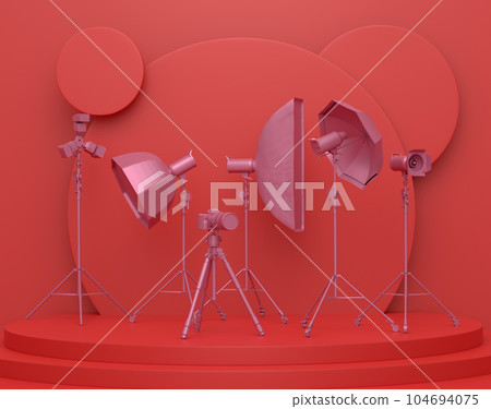 Abstract scene with photography studio flash on a lighting stand on monochrome Abstract scene with photography studio flash on a lighting stand on monochrome 104694075