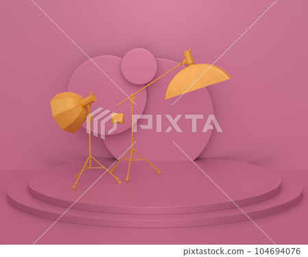 Abstract scene with photography studio flash on a lighting stand on monochrome 104694076