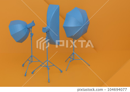 Abstract scene with photography studio flash on a lighting stand on monochrome Abstract scene with photography studio flash on a lighting stand on monochrome 104694077