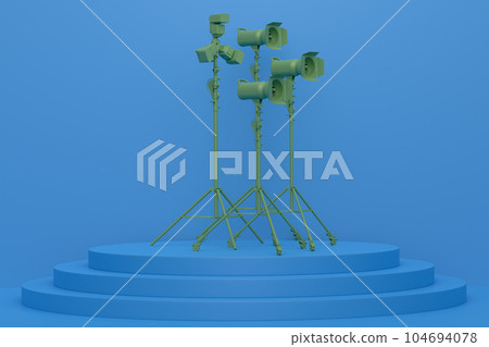 Abstract scene with photography studio flash on a lighting stand on monochrome Abstract scene with photography studio flash on a lighting stand on monochrome 104694078