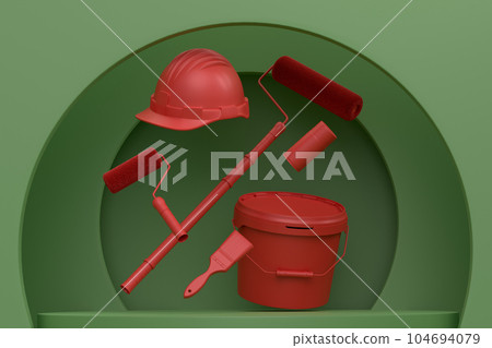 Abstract scene with safety helmet, bucket with paint rollers on monochrome Abstract scene with safety helmet, bucket with paint rollers on monochrome 104694079
